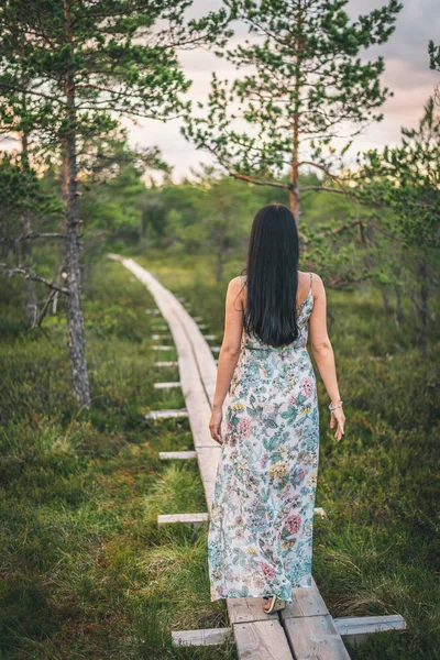Lonely Young Woman Dress Walking Alone Wooden Pathway Forest Sunset — Stock Photo, Image