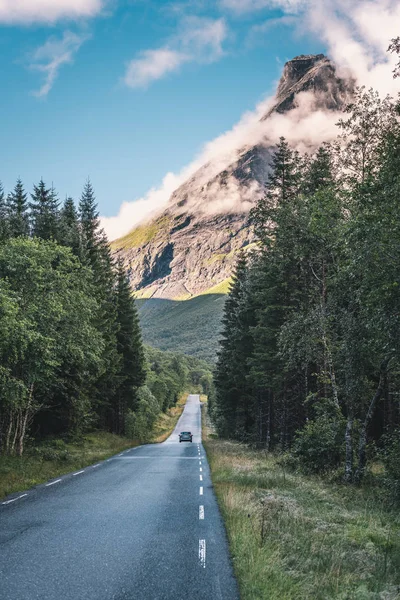 Дивовижні Дороги Через Норвезька Хвойного Лісу Високим Верхом Снігові Гори — стокове фото
