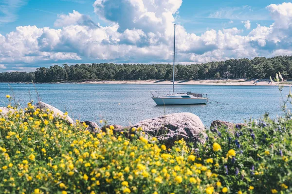 Peaceful Beach Flowers Lonely Yacht Water — Stock Photo, Image