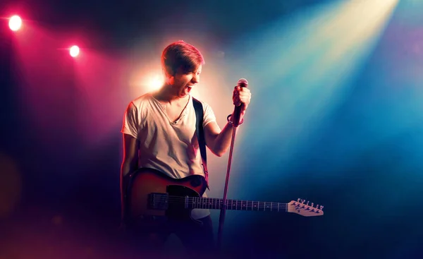 Young Artist Sing Microphone Plays Guitar Stage Musical Performance — Stock Photo, Image