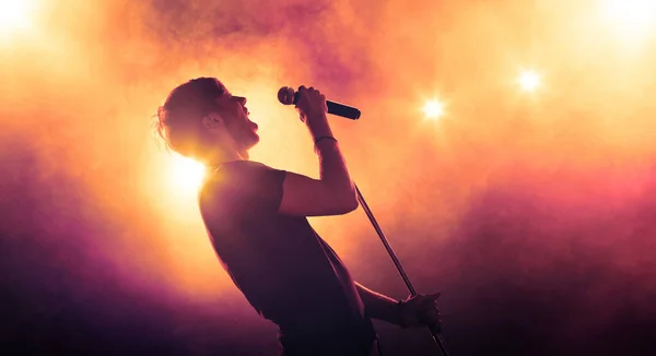 Silhouette Cantante Con Microfono Sotto Riflettori Artista Esibendosi Sul Palco Fotografia Stock