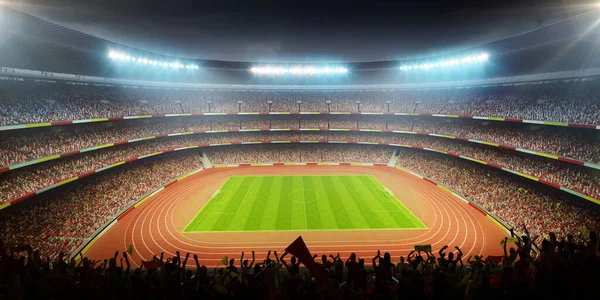 Fotbalový Stadion Atletickou Dráhou Přeplněnými Tribunami Pás Pole Světlá Sportovní — Stock fotografie