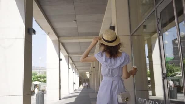 Mujer Bonita Joven Caminando Centro Negocios — Vídeo de stock