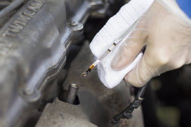 Adamın elleri tek kullanımlık eldiven motor yağ seviyesini kontrol edin..