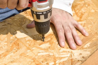 Çalışanın Osb tahtasına tornavida vida. Carpenter'ın el vidalı bir tornavida kullanarak Osb içine canı cehenneme..