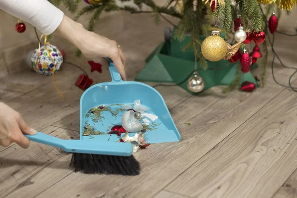 Female hands sweep the glass from the broken Christmas baubles from the floor into a dustpan.