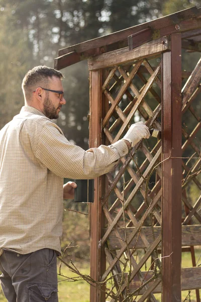 The man in the garden paints brown wooden boards of the garden furniture. Renovation and maintenance of garden pergolas.