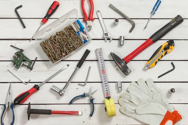 Joiner Tools Spread Out Wooden Table Made White Boards — Stock Photo, Image