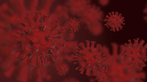 Kırmızı arka planda Coronavirus 3D görüntüleme. Covid-19, yeni koronavirüs salgını