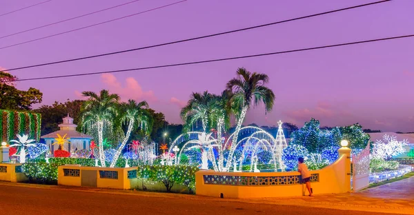 Çocuk Karayipler, Grand Cayman, Cayman Adaları'ndaki alacakaranlıkta, Noel ışıkları dekorasyon, arıyorsunuz
