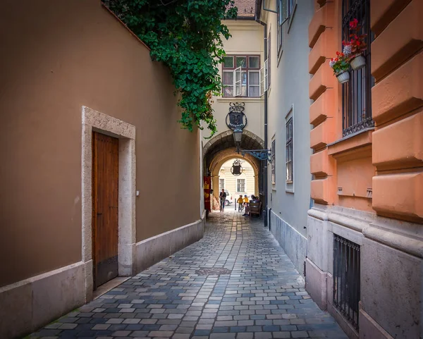 Budapeşte, Macaristan, Ağustos 2019, Buda Kalesi Bölgesi 'nde bir ara sokak manzarası