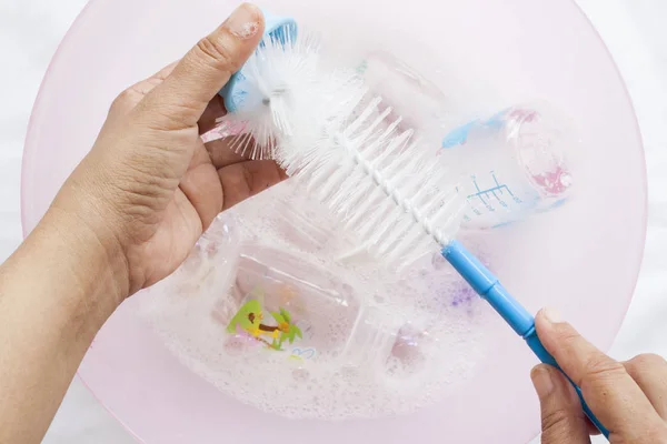 Baby bottles it was clear that a disinfectant in water — Stock Photo, Image