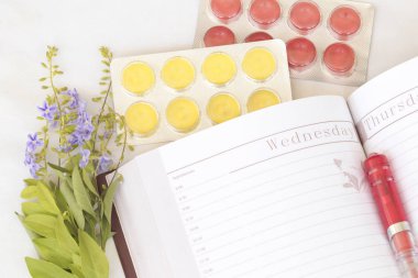 defter kayıt ve beyaz pastil için yıllık ile mor çiçekler