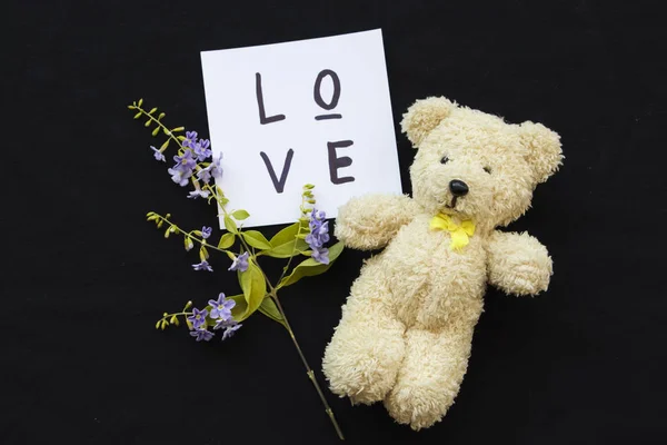 Tarjeta de mensaje de amor y flores púrpuras con oso de peluche en negro —  Fotos de Stock