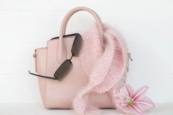 Acessórios para mulher estilo de vida no inverno conceito cor-de-rosa — Fotografia de Stock