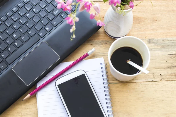 Mobiel Met Planner Van Notebook Computer Voor Het Bedrijfsleven Achtergrond — Stockfoto