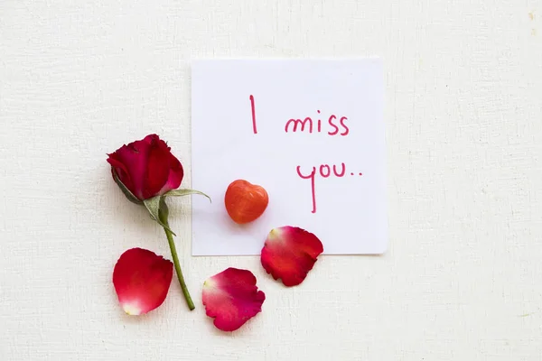 Miss You Message Card Red Rose Background White — Stock Photo, Image