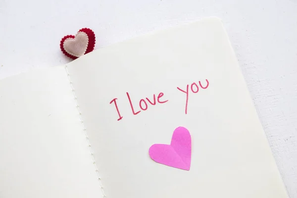 Love You Message Handwriting Special Word Pink Heart Paper Notebook — Stock Photo, Image