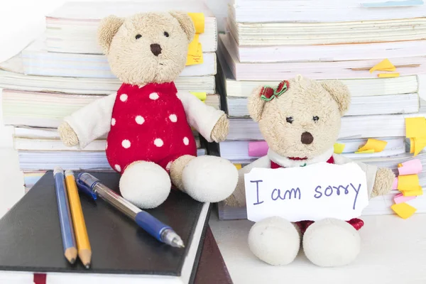 Siento Tarjeta Mensaje Con Par Osito Peluche Todo Libro Texto —  Fotos de Stock