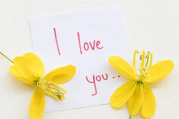 Love You Message Card Notepaper Handwriting Yellow Flower Background White — Stock Photo, Image