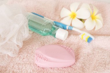 vücut cilt için temizlik sabunla diş macunu diş fırçası için sağlık oral kavite arka plan üzerinde beyaz yıkama banyo ayarla