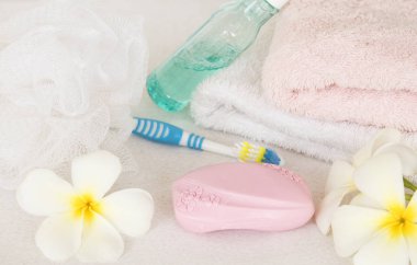 vücut cilt için temizlik sabunla diş macunu diş fırçası için sağlık oral kavite arka plan üzerinde beyaz yıkama banyo ayarla