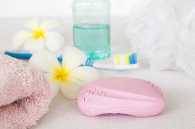 vücut cilt için temizlik sabunla diş macunu diş fırçası için sağlık oral kavite arka plan üzerinde beyaz yıkama banyo ayarla