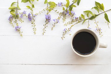 popüler içecekler ile arka plan beyaz mor çiçekler taze kavrulmuş kahve sıcak