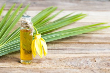 Çiçeklerin doğal bitkisel yağları ylang ylang kokusu koku düzenleme düz arka plan ahşap üzerine yatıyordu