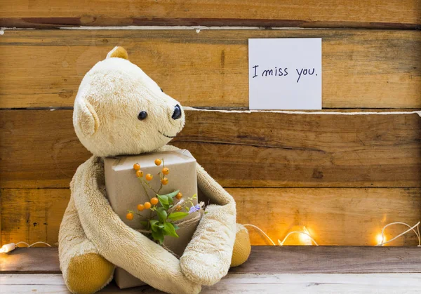 Miss You Message Card Handwriting Teddy Bear Holding Gift Box — Stock Photo, Image