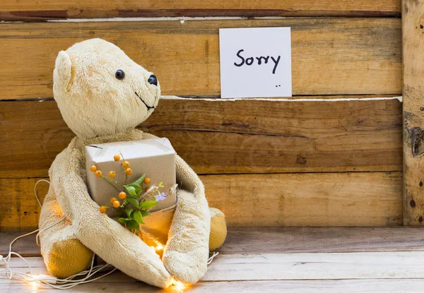 Sorry Message Card Handwriting Teddy Bear Holding Gift Box Light —  Fotos de Stock