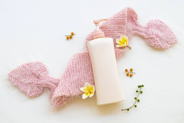 Body Lotion Gezondheidszorg Voor Lichaam Huid Met Roze Breien Wol — Stockfoto