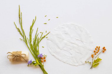 Doğal aroma örtüsü özüt pirinç bitkisel bitki örtüsü ve cilt sağlığı hizmetleri yüz maskesi düzenleme düz arka plan beyaz yatıyordu