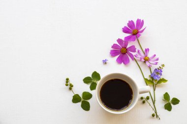 colorful pink flowers cosmos  with hot coffee espressor arrangement flat lay postcard style on background white wooden