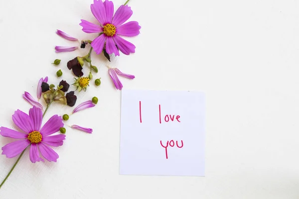 Amo Você Cartão Mensagem Caligrafia Com Flores Rosa Arranjo Cosmos — Fotografia de Stock