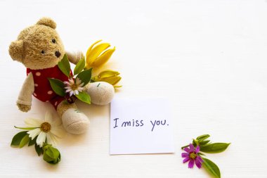 Renkli çiçekli el yazını özledim. Kozmos, ylang ylang ve oyuncak ayı düzenleme. Arka planda beyaz kartpostal şeklinde.