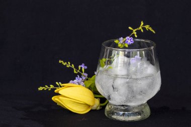 arkaplan dokusu buzlu, cam içinde mor çiçekli su, sarı çiçekler ylang ylang desenli kartpostal tarzı siyah