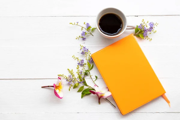 Notebook Planner Business Work Hot Coffee Espresso Flowers Frangipani Purple — Stock Photo, Image