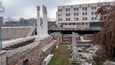 Plovdiv, Bulgaristan - 30 Aralık 2016: Ruins of Roma Odeon şehir Plovdiv,