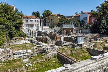 Plovdiv, Bulgaristan - 10 Haziran 2017: Panorama in Ruins of Roma Odeon şehir Plovdiv
