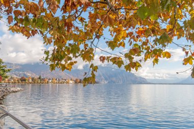 Vevey, İsviçre-29 Ekim 2015: panoramik Vevey ve Lake Geneva, İsviçre