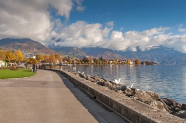 Vevey, İsviçre-29 Ekim 2015: panoramik Vevey ve Lake Geneva, İsviçre