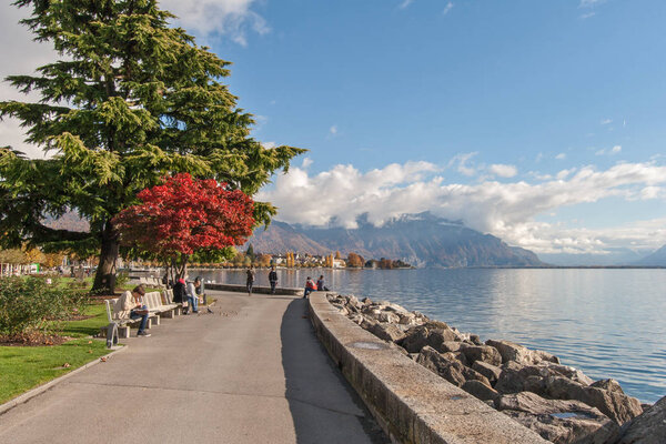 VEVEY, SWITZERLAND -OCTOBER 29, 2015: Panoramic view of Vevey and Lake Geneva, Switzerland