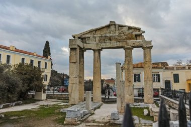 Atina, Yunanistan - 20 Ocak 2017: Gün batımı görünümü Roman Agora Atina, Attica, Yunanistan