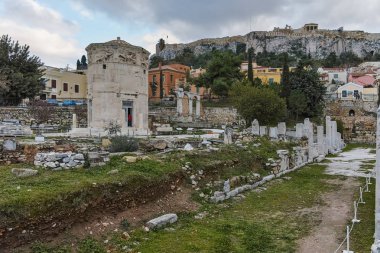 Atina, Yunanistan - 20 Ocak 2017: Gün batımı görünümü Roman Agora Atina, Attica, Yunanistan
