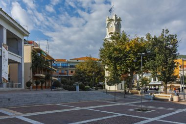 Xanthi, Yunanistan - 23 Eylül 2017: Saat Kulesi eski şehir, İskeçe, Doğu Makedonya ve Trakya, Yunanistan