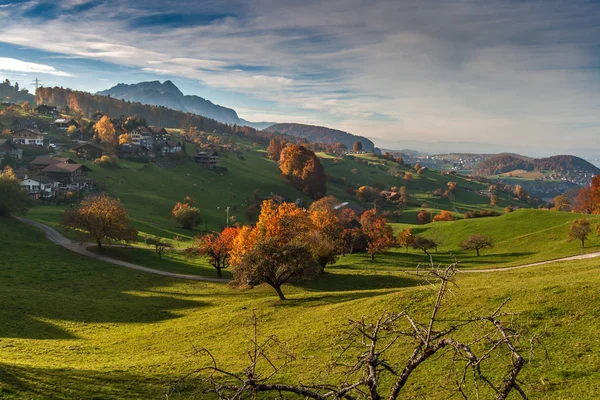Herbst Blick Auf Den Thunersee Und Das Typische Schweizer Dorf — Stockfoto