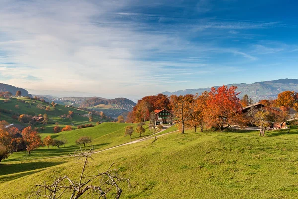 Herbst Blick Auf Den Thunersee Und Das Typische Schweizer Dorf — Stockfoto