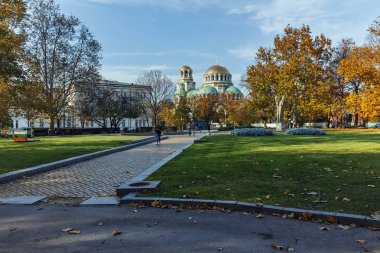 Sofia, Bulgaristan - 7 Kasım 2017: Altın kubbeleri Katedrali Saint Alexander Nevski Sofya, Bulgaristan