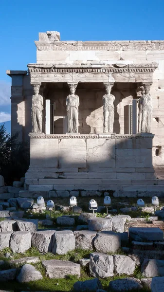 Verandan Karyatider Erechtheion Forntida Grekiska Tempel Norrsidan Akropolis Staden Aten — Stockfoto